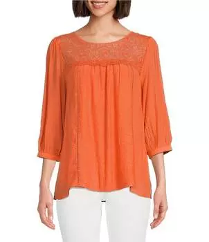 Однотонная блузка с крестьянской кружевной кокеткой и рукавами 3/4 Figueroa & Flower, оранжевый