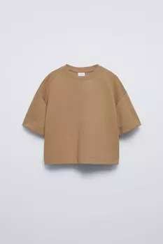 Однотонная футболка Interlock ZARA, мягкий каштановый