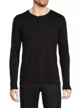 однотонная футболка на пуговицах с длинным рукавом Saks Fifth Avenue, черный