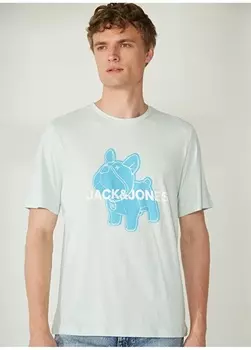 Однотонная голубая мужская футболка с круглым вырезом Jack & Jones