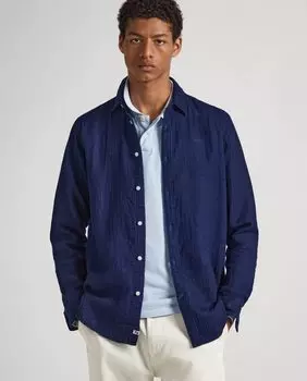 Однотонная классическая мужская рубашка темно-синего цвета Pepe Jeans, темно-синий