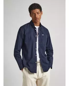 Однотонная классическая мужская рубашка темно-синего цвета Pepe Jeans, темно-синий
