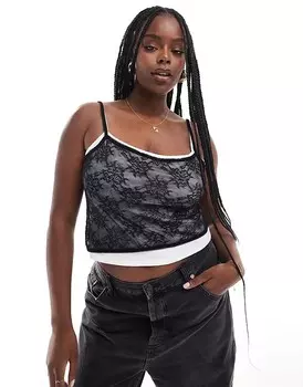 Однотонная контрастная двухслойная майка с кружевной накладкой ASOS DESIGN Curve