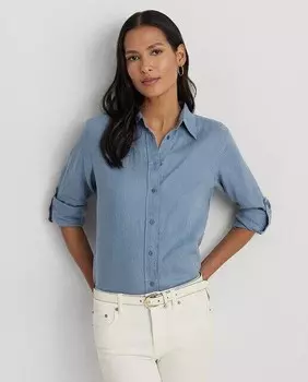 Однотонная льняная женская рубашка Lauren Ralph Lauren, синий
