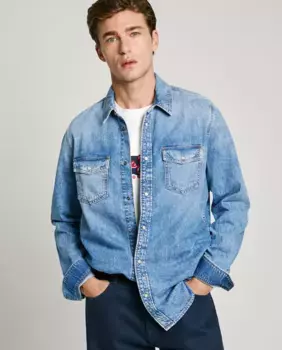 Однотонная мужская джинсовая рубашка стандартного кроя Pepe Jeans, синий