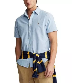 Однотонная оксфордская тканая рубашка с короткими рукавами Polo Ralph Lauren, синий