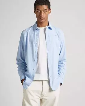 Однотонная приталенная мужская рубашка из поплина голубого цвета Pepe Jeans, светло-синий