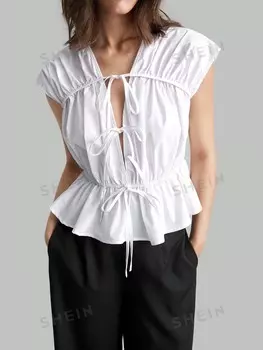 Однотонная рубашка без рукавов со шнурками, простой дизайн Для женщин повседневные блузки Ontre, белый