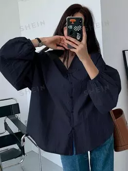 Однотонная рубашка с длинными рукавами, удобная для повседневного ношения. для женщин Dazy, темно-синий