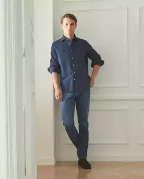 Однотонная спортивная рубашка с длинными рукавами и рисунком «елочка» Emidio Tucci, темно-синий