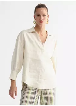 Однотонная светло-бежевая женская блузка с рубашечным воротником Fabrika