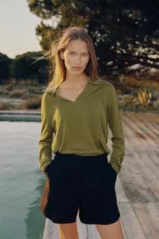 Однотонная трикотажная рубашка поло ZARA, зеленый