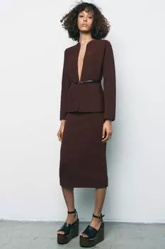 Однотонная трикотажная юбка-карандаш ZARA, коричневый