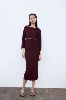 Однотонная трикотажная юбка миди ZARA, бордовый