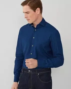 Однотонная узкая мужская джинсовая рубашка индиго Hackett, индиго
