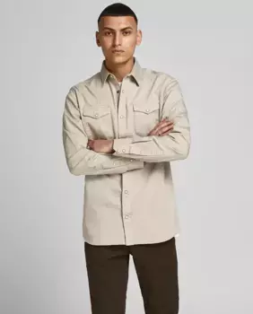 Однотонная узкая мужская джинсовая рубашка Jack & Jones, бежевый