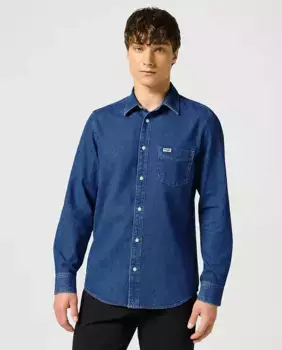 Однотонная узкая мужская рубашка синего цвета Wrangler, синий