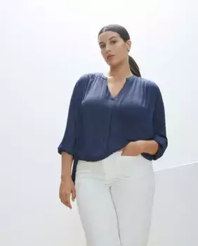 Однотонная женская блузка с длинными рукавами и V-образным вырезом Couchel, темно-синий