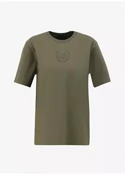 Однотонная женская футболка цвета хаки с круглым вырезом и вышивкой спереди Brooks Brothers, хаки