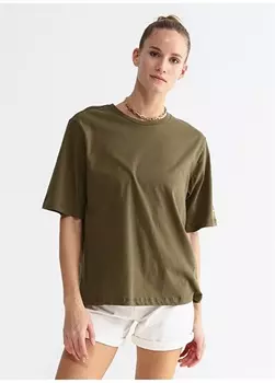 Однотонная женская футболка оверсайз цвета хаки с круглым вырезом Fabrika