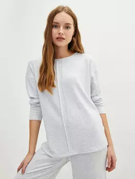 Однотонная женская пижамная рубашка с круглым вырезом и длинными рукавами LCW DREAM, серый меланж