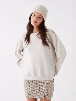 Однотонная женская толстовка большого размера с круглым вырезом и длинными рукавами LCW Casual, светло-серый