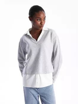 Однотонная женская толстовка большого размера с рубашечным воротником и длинными рукавами LCW Vision, средне-серый меланж