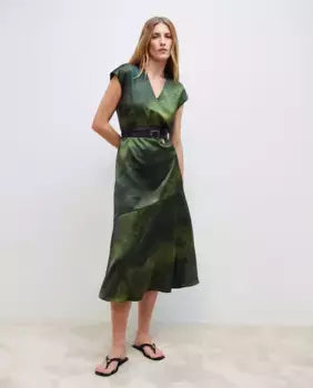 Однотонное атласное платье без рукавов с V-образным вырезом Woman El Corte Ingls, зеленый