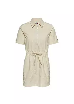 Однотонное бежевое короткое женское платье с рубашечным воротником TJW SS TECH SHIRT DRESS Tommy Jeans, бежевый