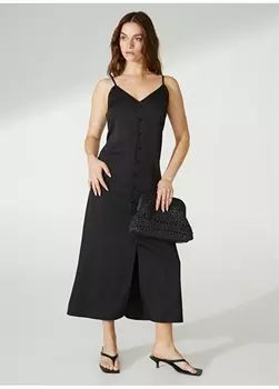 Однотонное черное женское платье макси с V-образным вырезом People By Fabrika