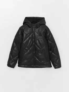 Однотонное кожаное пальто с капюшоном для мальчика LCW Kids