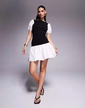 Однотонное мини-платье из поплинового микса ASOS DESIGN с рукавами-фонариками черного цвета