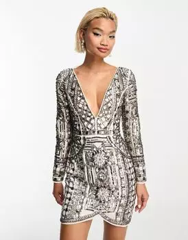 Однотонное мини-платье с длинными рукавами и мозаичной отделкой ASOS DESIGN