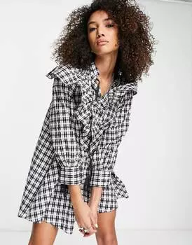 Однотонное мини-платье с рюшами в клетку Topshop