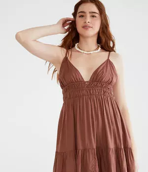 Однотонное платье Babydoll с V-образным вырезом Aeropostale, коричневый