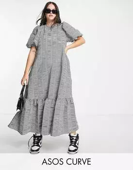 Однотонное платье макси с объемными рукавами в мелкую клетку ASOS DESIGN Curve
