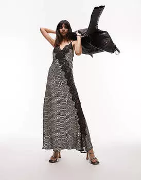 Однотонное платье миди на бретелях из премиум-принта и кружева Topshop