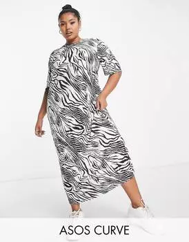 Однотонное платье миди с плиссированной футболкой и принтом под зебру ASOS DESIGN Curve
