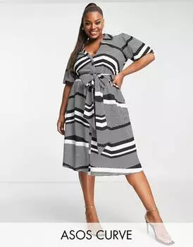 Однотонное платье-рубашка миди с поясом и поясом ASOS DESIGN Curve