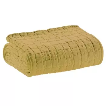 Однотонное покрывало из чистого хлопка с эффектом потертости - Свами Vivaraise, карри, двуспальный