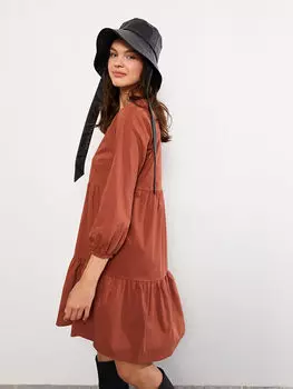 Однотонное поплиновое женское платье с круглым вырезом LCW Casual