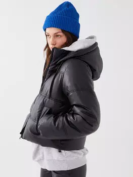 Однотонное женское кожаное пуховик с капюшоном и длинными рукавами LCW Casual, новый черный