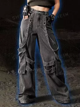 Однотонные джинсы карго в стиле гранж-панк С чехлом и ремнем, для школы Romwe, темно-серый