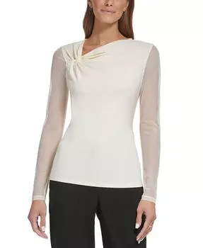 Однотонный асимметричный топ Petite с прозрачными рукавами и V-образным вырезом DKNY, желтый