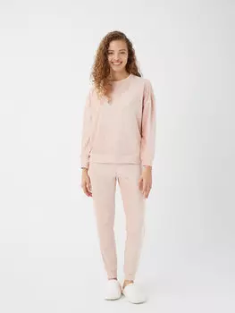 Однотонный бархатный женский пижамный комплект с круглым вырезом и длинными рукавами LCW DREAM