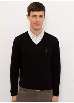 Однотонный черный мужской свитер с V-образным вырезом U.S. Polo Assn.