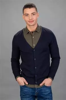 Однотонный хлопковый мужской кардиган Slim Fit на пуговицах синего цвета TUDORS