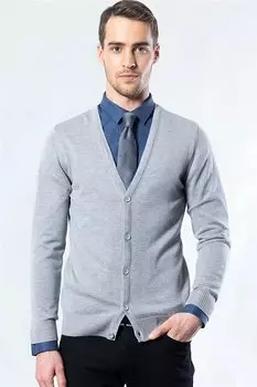 Однотонный хлопковый мужской серый кардиган приталенного кроя на пуговицах TUDORS, серый