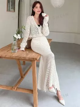 Однотонный кардиган Kpop, трикотажная юбка вязки "пуантель" Dazy, кремовый/бежевый