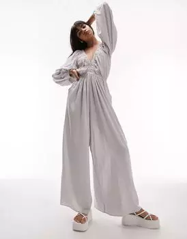 Однотонный льняной комбинезон в полоску Topshop